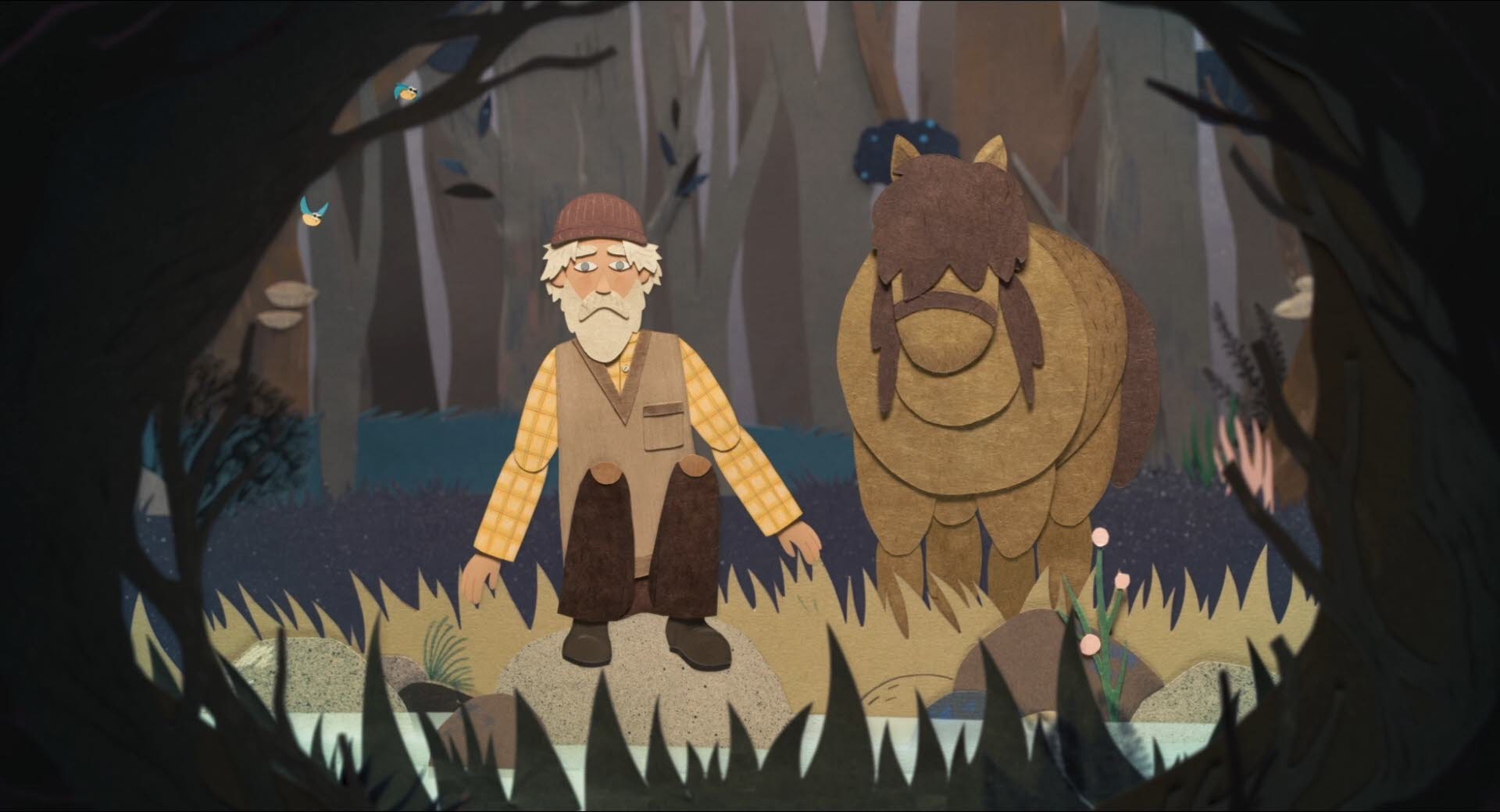 Blick von dem Ausgang des Dachsbaus auf den Zauberer und ein Pferd.