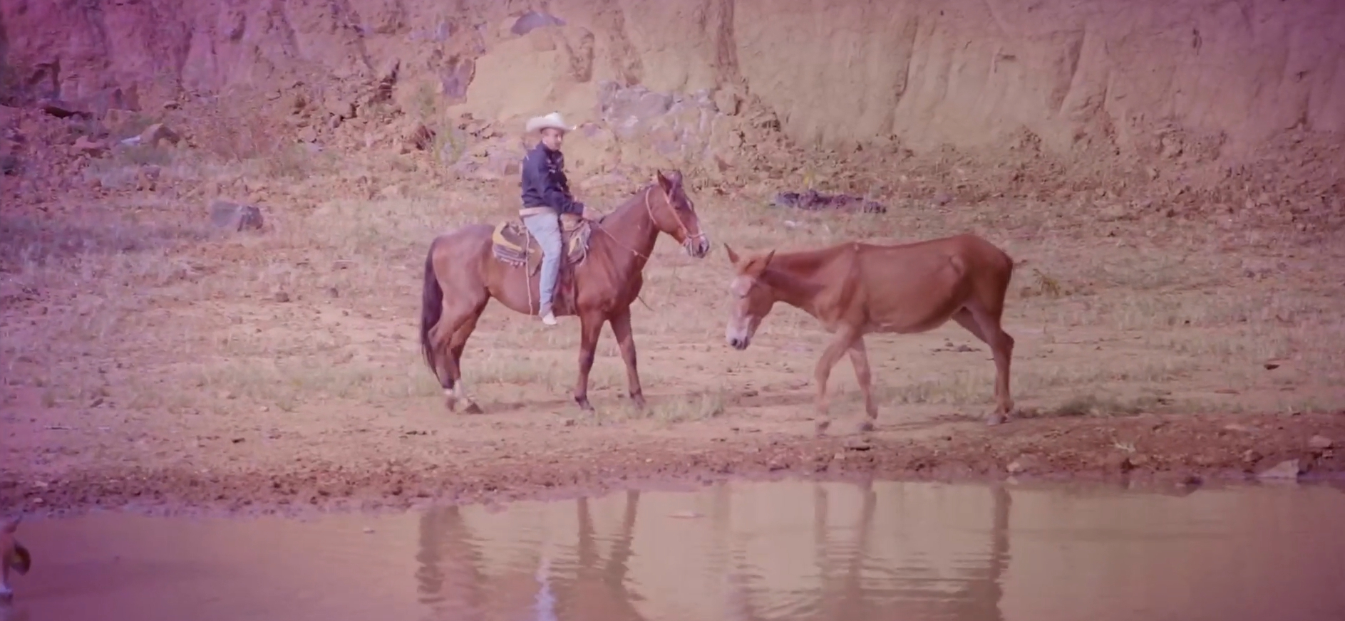 Kani sitzt mit einem Cowboyhut auf einem braunen Pferd. Ein weiteres braunes Pferd, ein Gewässer und eine braune Felslandschaft prägen die Szene.