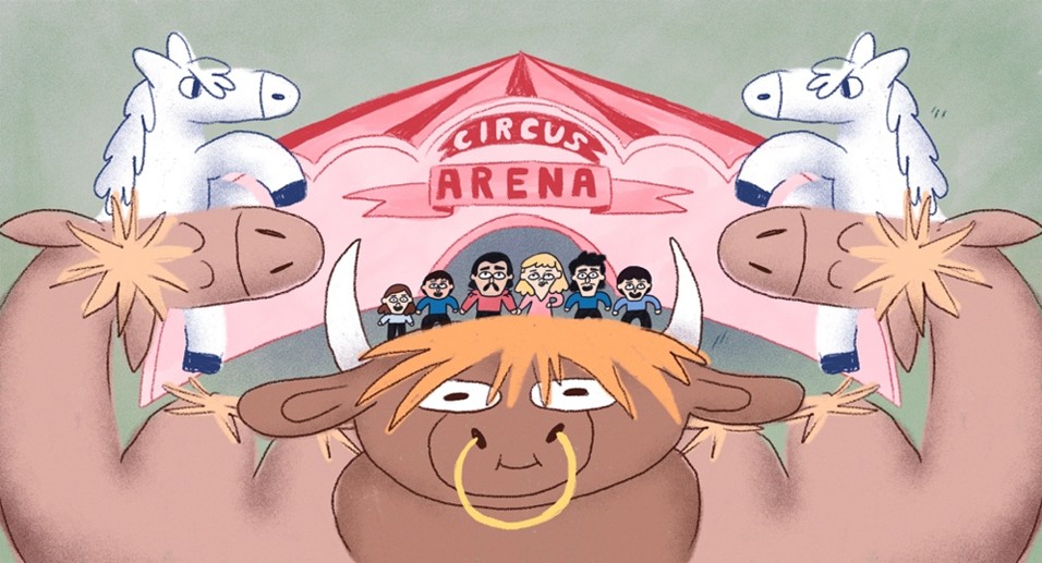 Gezeichnetes Bild zeigt Zirkustiere vor Santinos Familie und dem Zirkuszelt