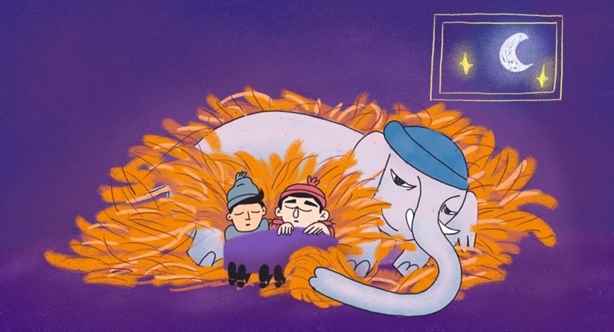 Gezeichnetes Bild: Zwei Kinder liegen im Stroh und wärmen sich an dem Elefanten.